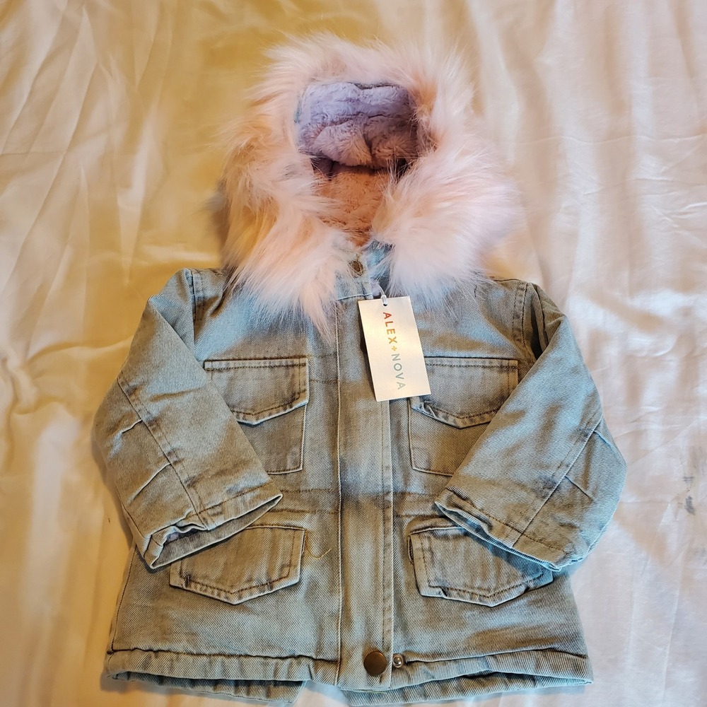 Alex + Nova Toddler Girl 18M Denim Utility Jacket Pink Faux Fur Lined Hooded NWT